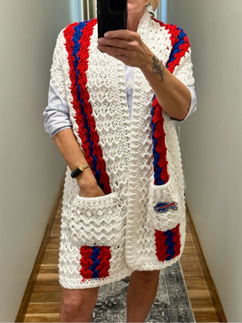 White Crochet Open-Front Buffalo Pocket Shawl with Red and Blue Stripe Detail